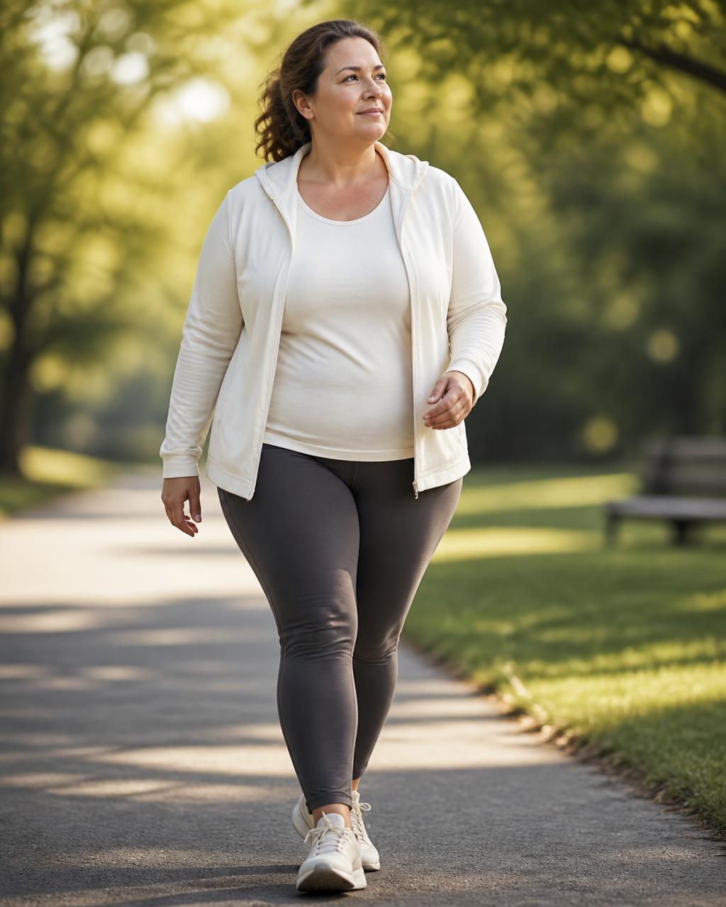 A woman beginning her health journey, walking with quiet confidence outdoors
